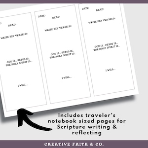 May include: White notebook pages with prompts for Scripture writing and reflection. Each page has sections for the date, reading, and writing key verses. The text "GOD IS... JESUS IS... THE HOLY SPIRIT IS..." is repeated across the pages.