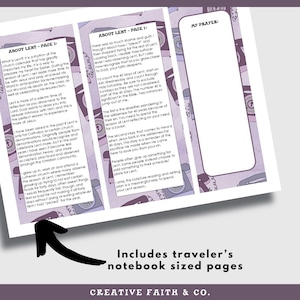 May include: A traveler's notebook-sized Lent reading and writing plan. The pages are white with purple accents and text. The text includes "About Lent" and "My Prayer". The notebook is open, displaying the pages.