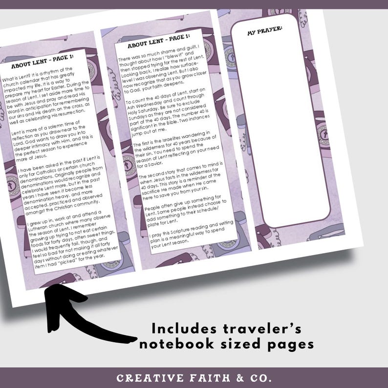 May include: A traveler's notebook-sized Lent reading and writing plan. The pages are white with purple accents and text. The text includes "About Lent" and "My Prayer". The notebook is open, displaying the pages.