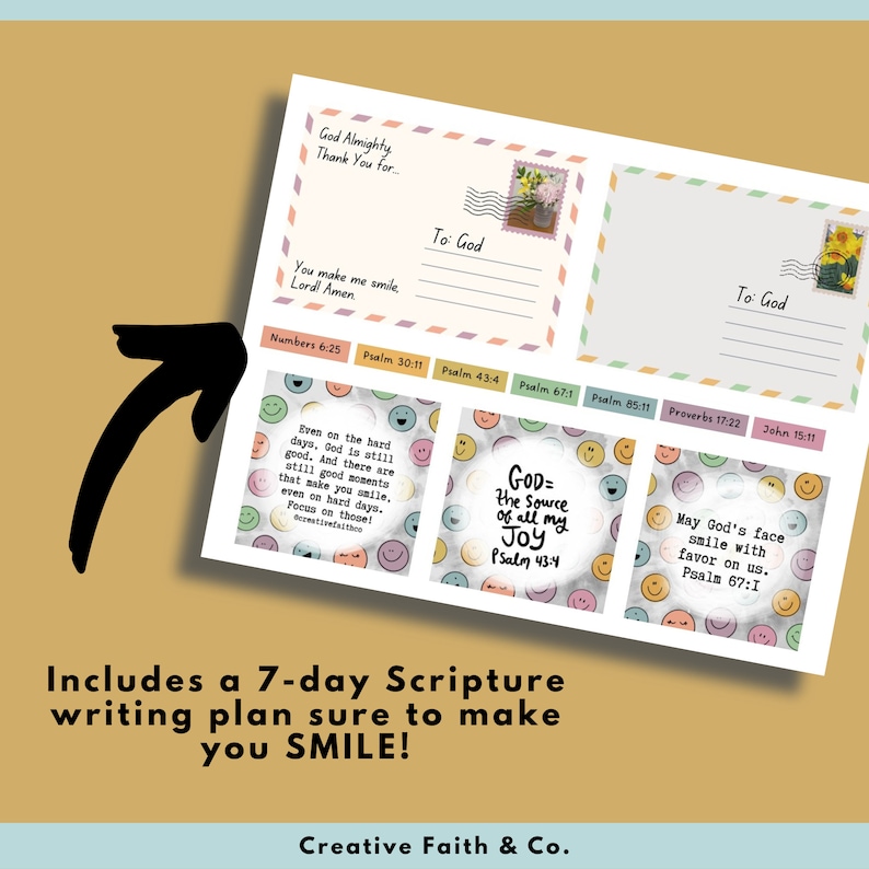 May include: A 7-day Scripture writing plan with a cheerful design. The plan includes postcards with Bible verses and smiley face illustrations. The text includes phrases like "God Almighty, Thank You for..." and "Includes a 7-day Scripture writing plan sure to make you SMILE!"