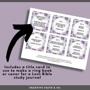 May include: A printed sheet with six circular graphics, each containing text about prayer stories from the Old Testament. The text includes "Scripture Writing Plan: 40 Days of Prayer Stories". The sheet also includes a title card for a Lent Bible study journal.