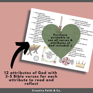 May include: Printable Christmas-themed worksheet with 12 attributes of God, each with 3-5 Bible verses listed. The worksheet features a manger, a star, a candy cane, and a crown. The text "The Christmas Story: Who is God?" is at the bottom of the page.
