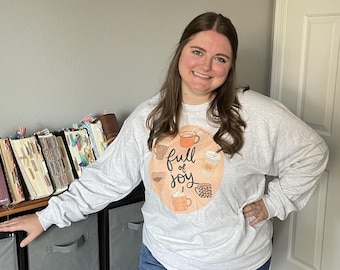 Full of Joy Long Sleeve Shirt – Christian Autumn Coffee Mug Graphic Tee – Faith Inspirational Unisex Fall Shirt