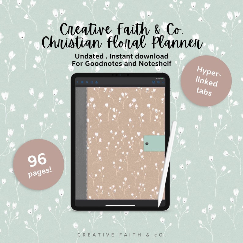 May include: A digital planner for Goodnotes and Noteshelf with a floral design. The planner has 96 pages and includes hyperlinked tabs. The planner is shown on a tablet screen with a stylus.