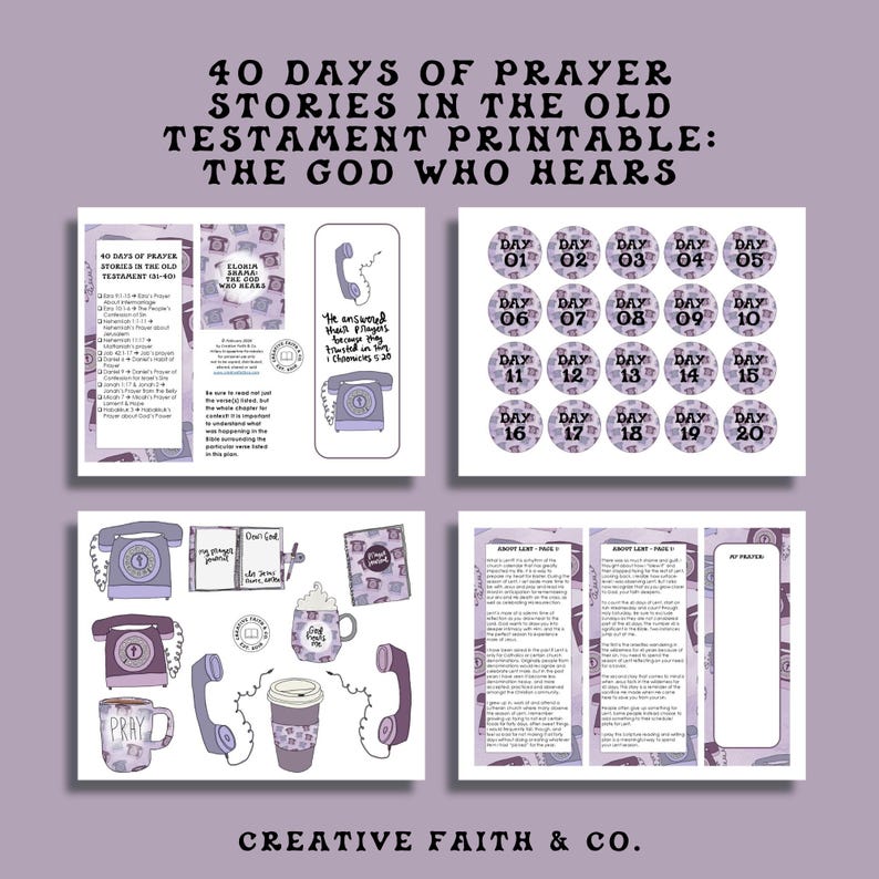 May include: A printable set featuring the text "40 Days of Prayer Stories in the Old Testament Printable: The God Who Hears." It includes pages with text, telephone illustrations, and numbered circular stickers. The design is in shades of purple.