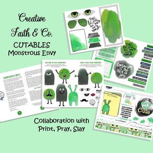 May include: A printable activity pack with a green and black color scheme. The pack includes a worksheet with the text "Monstrous Envy" and a page with the text "Comparison is the thief of joy". The pack also includes a page with the text "Don't let jealousy turn you into a monster".