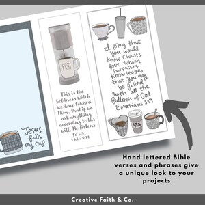 May include: Printable digital download of hand-lettered Bible verses and phrases with a coffee cup theme. The text includes "Jesus fills my cup", "Pray", "This is the boldness which we have toward Him, that if we ask anything according to His will, He listens to us. 1 John 5:14", and "I pray that you would know Christ's love which surpasses knowledge, that you may be filled with all the fullness of God. Ephesians 3:19".
