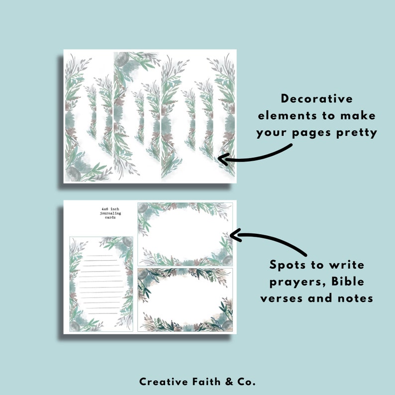 Pode incluir: Cartas de di&aacute;rio imprim&iacute;veis com bordas florais. Os cart&otilde;es t&ecirc;m espa&ccedil;o para escrever ora&ccedil;&otilde;es, vers&iacute;culos b&iacute;blicos e notas. O texto nos cart&otilde;es diz "Art Journaling Cards".