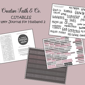 May include: Printable prayer journal for husbands with a black and white cover featuring the words "Prayer Journal for my Husband". The journal includes a list of prayer topics and scripture verses. There are also printable stickers with words like "growth", "hope", "peace", "salvation", and "courage".