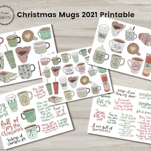 Op de afbeelding: Printbare kerstmokkenstickers met aquarel illustraties en inspirerende citaten. De stickers tonen mokken met verschillende ontwerpen, waaronder sneeuwvlokken, kerstboom en de woorden "Vol van vreugde" en "De liefde van God".