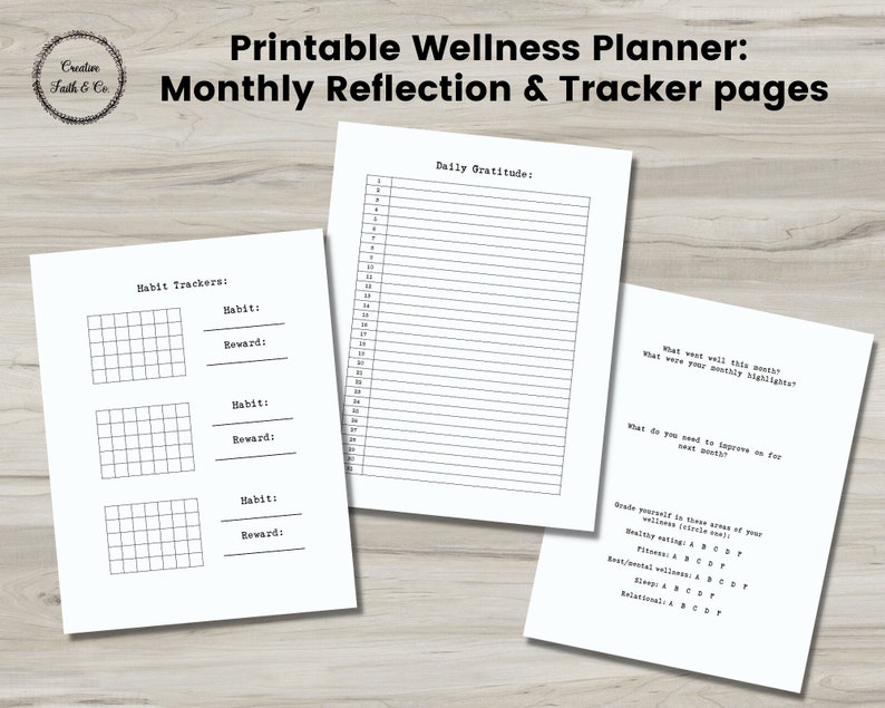 May include: Printable wellness planner with monthly reflection and tracker pages. The planner includes sections for daily gratitude, habit trackers, and monthly reflection.