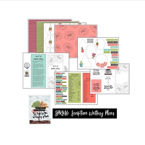 Könnte beinhalten: Ein druckbarer Frühlings-Schriftstudienplan mit floralem Design. Der Plan enthält eine Liste von Schriftstellen, einen Kalender und eine Seite zum Journaling. Der Text auf der Seite lautet "Seasons of Hope Scripture Writing Plan".