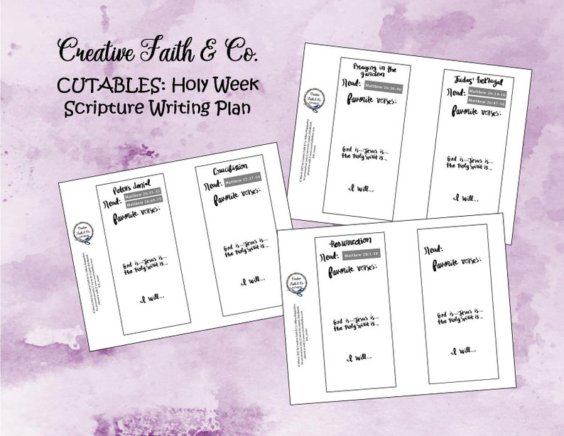 May include: Printable Holy Week Scripture Writing Plan cut-out bookmarks. Each bookmark has a title, scripture reference, and space to write favorite verses. Titles include: Peter's Denial, Consecration, Praying in the Garden, Judas' Betrayal, and Arrest/Condemnation.