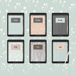May include: Six digital planner covers with different designs and titles: Yearly, Monthly, Weekly, Daily, Menu, and Faith. Each cover features a different background pattern and color scheme.