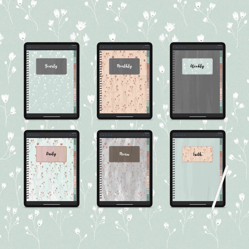 May include: Six digital planner covers with different designs and titles: Yearly, Monthly, Weekly, Daily, Menu, and Faith. Each cover features a different background pattern and color scheme.