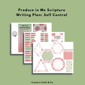 以下が含まれることがあります： 「Produce in Me Scripture Writing Plan: Self Control」のテキストが書かれた、印刷可能な聖書執筆計画のコレクション。デザインには、水彩画のリンゴ模様とテキストが施されたさまざまな形、指示、ロゴが含まれています。