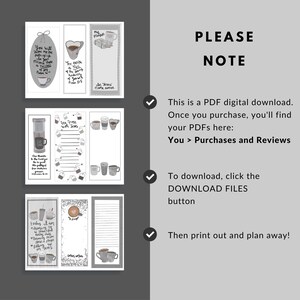 May include: Printable digital planner pages with a coffee and tea theme. The pages feature inspirational quotes, a to-do list, and space for journaling. The pages are designed in a minimalist style with grey and white colours.