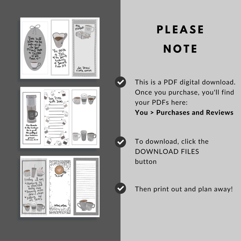 May include: Printable digital planner pages with a coffee and tea theme. The pages feature inspirational quotes, a to-do list, and space for journaling. The pages are designed in a minimalist style with grey and white colours.