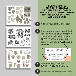 May include: A digital download of printable stickers featuring a green and pink floral design with inspirational quotes about spring and faith. The image shows a computer screen with instructions on how to download the digital product.