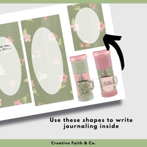 May include: Printable planner stickers with floral designs and text that says "Slow Down" and "Growing". The stickers are in the shape of mugs and circles.