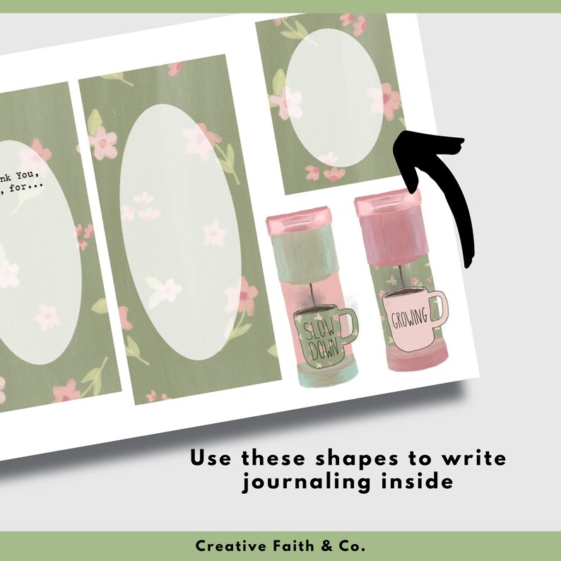 May include: Printable planner stickers with floral designs and text that says "Slow Down" and "Growing". The stickers are in the shape of mugs and circles.