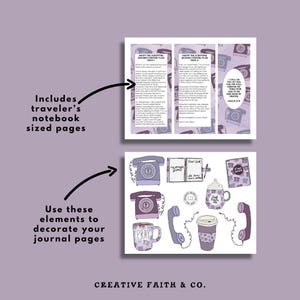 May include: A selection of journal elements and notebook pages in purple hues. The image features a trifold brochure with text, decorative stickers, a coffee cup, and a telephone. The text includes "Includes traveler's notebook sized pages" and "Use these elements to decorate your journal pages."