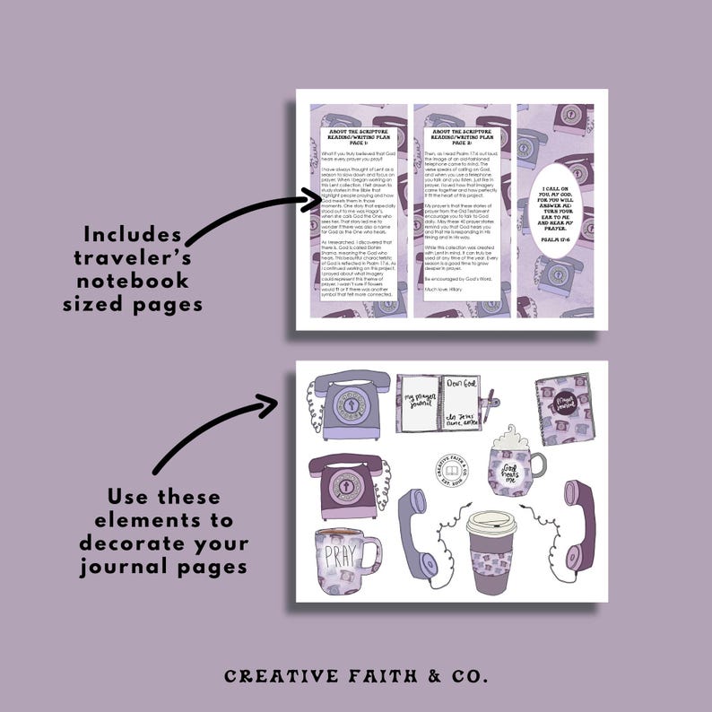 May include: A selection of journal elements and notebook pages in purple hues. The image features a trifold brochure with text, decorative stickers, a coffee cup, and a telephone. The text includes "Includes traveler's notebook sized pages" and "Use these elements to decorate your journal pages."