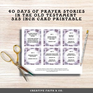 May include: Printable 3x3 inch card set with the text "40 Days of Prayer Stories in the Old Testament." The cards feature text and illustrations of old-fashioned telephones. A gold and teal scissors and a pencil are also in the image.