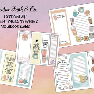May include: A set of printable notebook pages featuring summer-themed mugs with inspirational quotes. The pages are designed for use with a traveler's notebook.