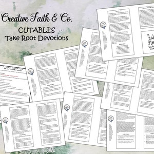 May include: A set of printable devotional worksheets with the title "Take Root Devotions" and the text "Fake Root by Holly Hobbie" on a white background. The worksheets are designed to help people grow in their faith.