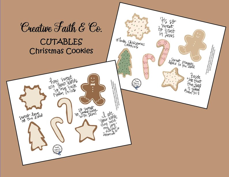 May include: Printable Christmas cookie cutouts with Bible verses. The cutouts include a gingerbread man, a snowflake, a candy cane, a star, and a Christmas tree. The verses include "How sweet are Your words to my taste Psalm 119:103", "Sweet love of the Lord", "So sweet to spend time with Jesus", "'Tis so sweet to trust in Jesus", "Sweet prayers lifted to the Lord", "Taste and see that the Lord is good Psalm 34:8", and "I ate Your words, they were my joy Jeremiah 15:16".
