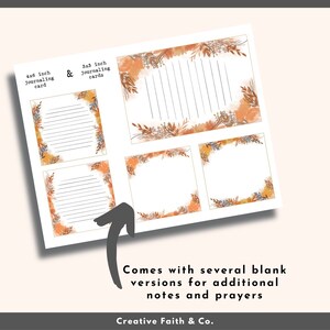 May include: Printable journaling cards with a fall theme. The cards feature a watercolor background with orange, brown, and yellow leaves and branches. The cards are 3x3 inches and 4x6 inches. The text on the cards reads "3x3 inch journaling cards" and "4x6 inch journaling card".