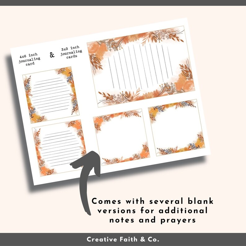 May include: Printable journaling cards with a fall theme. The cards feature a watercolor background with orange, brown, and yellow leaves and branches. The cards are 3x3 inches and 4x6 inches. The text on the cards reads "3x3 inch journaling cards" and "4x6 inch journaling card".