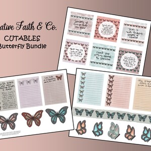 May include: A printable digital paper pack with a butterfly theme. The pack includes various designs with butterflies, quotes, and lined paper. The quotes include: "Seasons of change find me glow", "God is working everything for your good", "Jesus is with me during seasons of change", "Never stop going through the transition", "Whatever you do, do it all for the glory of God", "My prayer during this season of change".