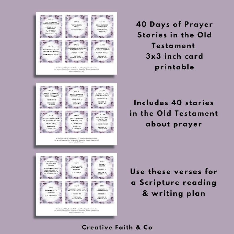 May include: A printable 3x3 inch card set with 40 stories about prayer in the Old Testament. The cards are arranged in three stacks, each with a grid of nine cards. The text includes "40 Days of Prayer Stories" and "Creative Faith & Co."