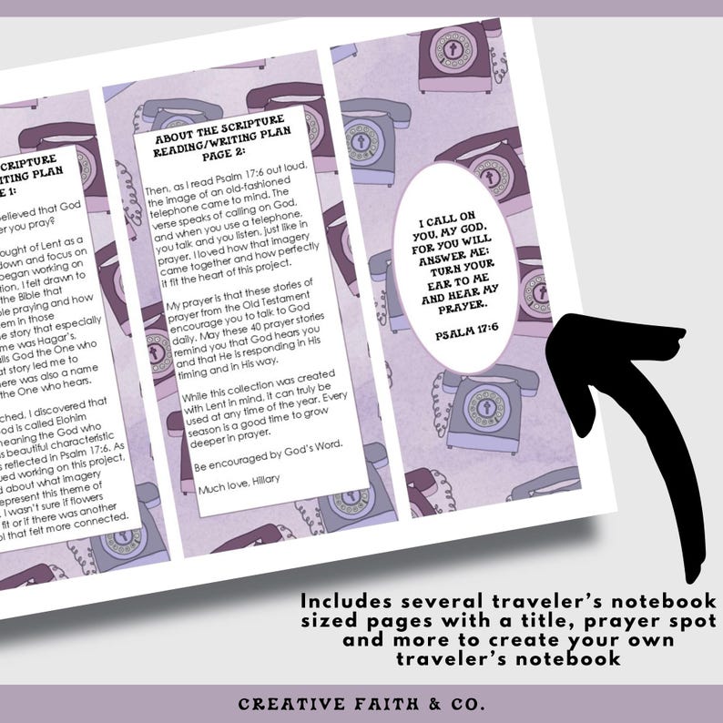 May include: A traveler's notebook insert with text and illustrations. The pages feature text about scripture reading and prayer, with a vintage telephone graphic. The text includes "I call on you, my God, for you will answer me." The notebook is from Creative Faith & Co.