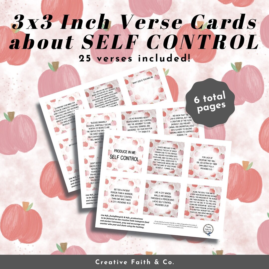 Fruit of the Spirit SELF CONTROL Printable Verse Cards 3x3 Inches ...