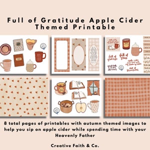May include: Printable pages with autumn-themed illustrations of apple cider, mugs, books, and a window. The text "Full of Gratitude" and "Full of Praise" are featured on the pages.
