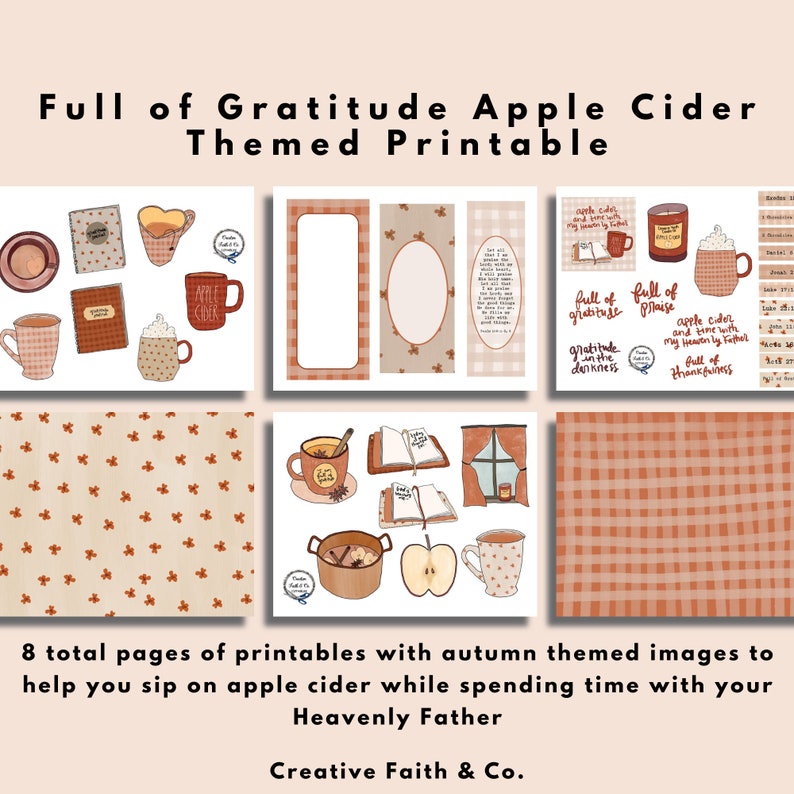 May include: Printable pages with autumn-themed illustrations of apple cider, mugs, books, and a window. The text "Full of Gratitude" and "Full of Praise" are featured on the pages.