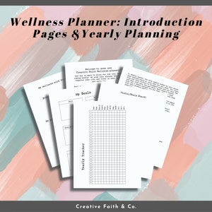 May include: A black and white wellness planner with the title "Wellness Planner: Introduction Pages & Yearly Planning". The planner includes pages for setting goals, vision boards, and a yearly tracker.