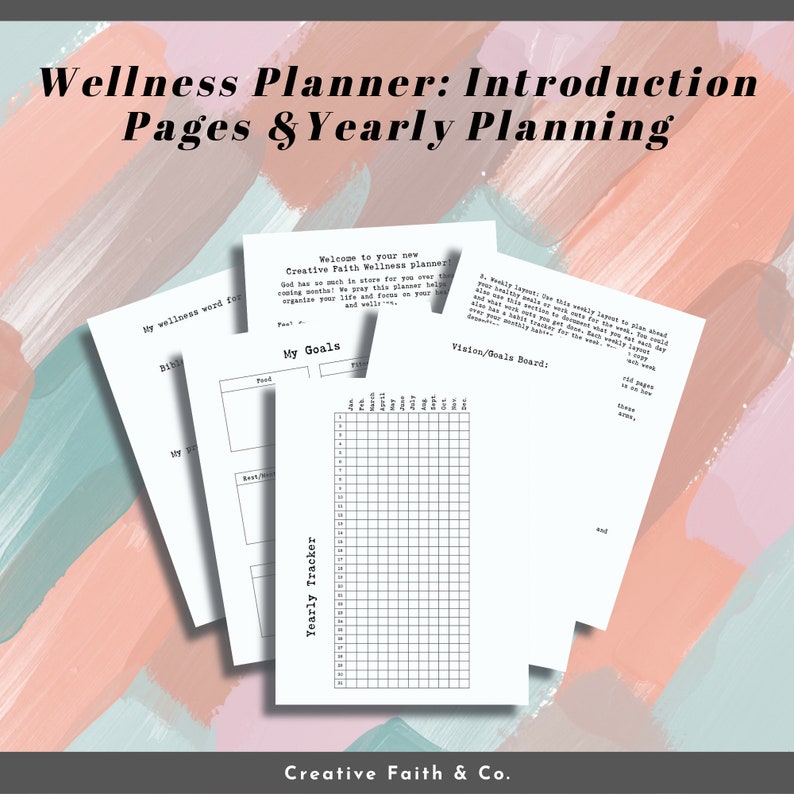 May include: A black and white wellness planner with the title "Wellness Planner: Introduction Pages & Yearly Planning". The planner includes pages for setting goals, vision boards, and a yearly tracker.