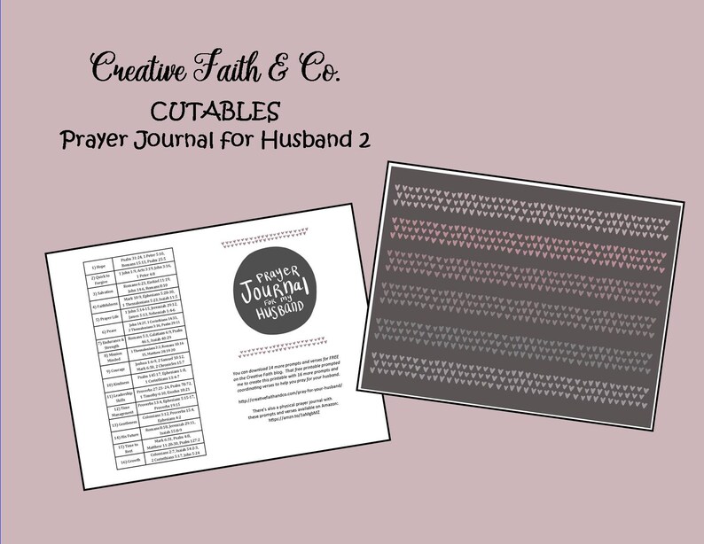 May include: A printable prayer journal for husbands with a black and white design. The journal has a title that says "Prayer Journal for my Husband". The journal includes a list of prayer topics and corresponding Bible verses.