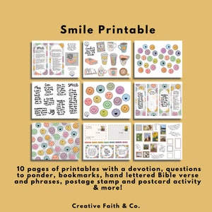 May include: A collection of 10 printable pages with a variety of designs. The pages include bookmarks, smiley face graphics, Bible verses, and postcard activities. The text "Smile Printable" is at the top.