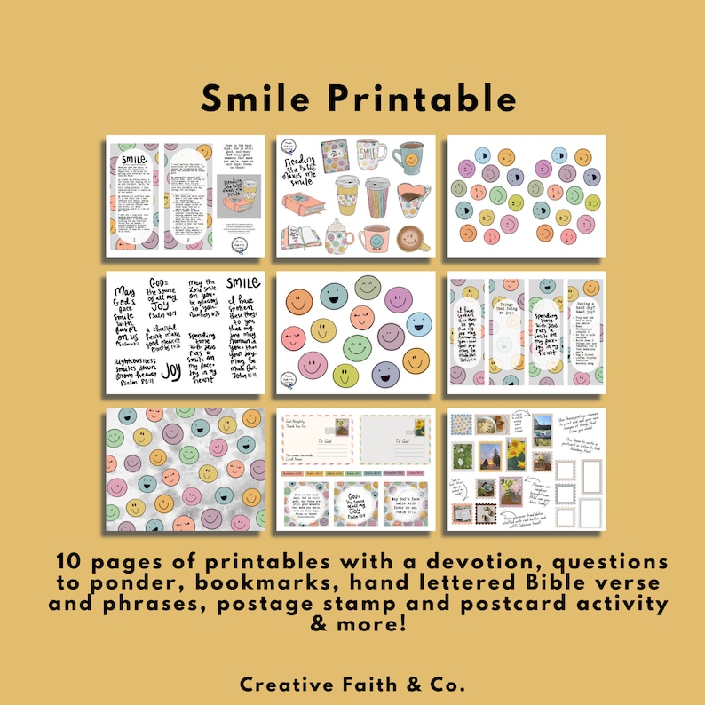 May include: A collection of 10 printable pages with a variety of designs. The pages include bookmarks, smiley face graphics, Bible verses, and postcard activities. The text "Smile Printable" is at the top.