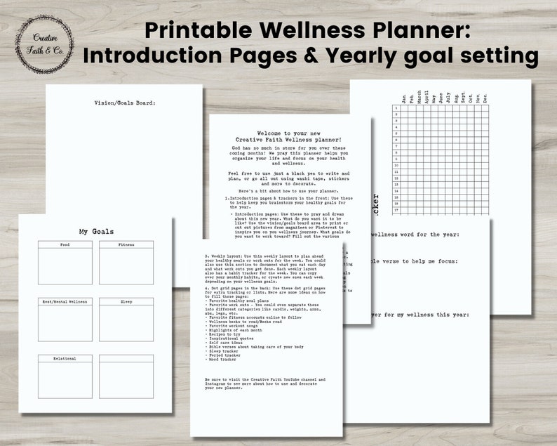 May include: Printable wellness planner with introduction pages and yearly goal setting. The planner features a vision board, a goal setting section, and a monthly calendar. The planner is designed to help you organize your life and focus on your health and wellness.