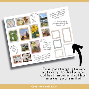 May include: A white sheet with postage stamp designs, each containing a different image. The stamps feature photos of food, flowers, and landscapes. Text includes "Fun postage stamp activity to help you collect moments that make you smile!"