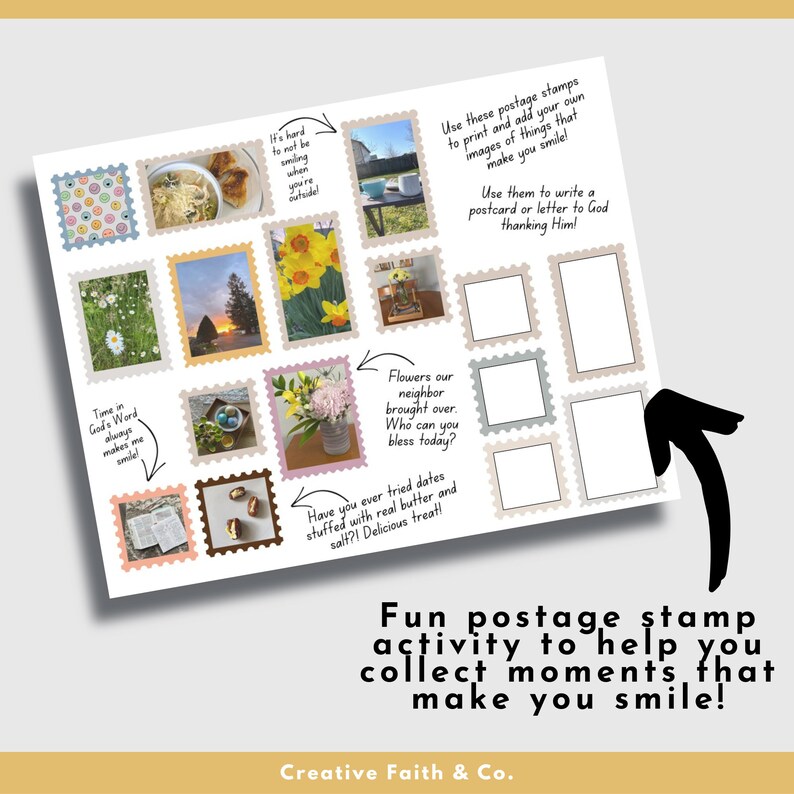 May include: A white sheet with postage stamp designs, each containing a different image. The stamps feature photos of food, flowers, and landscapes. Text includes "Fun postage stamp activity to help you collect moments that make you smile!"