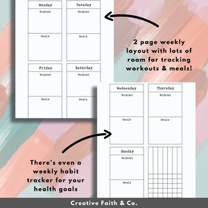 May include: A printable weekly planner with sections for workouts and meals. The planner is designed to help you track your fitness and nutrition goals. It includes a habit tracker for additional health goals.