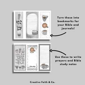 May include: Printable digital download of four grey and white bookmarks with coffee cup illustrations and inspirational text. The text includes "fill me with today, Lord" and "today I am choosing to be thankful every day".
