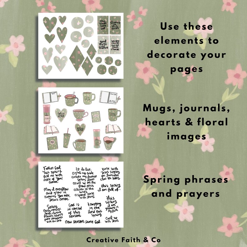May include: A set of printable stickers featuring spring-themed illustrations, including mugs, hearts, flowers, and inspirational quotes. The stickers are designed for use on journals, planners, and other paper goods. The text on the stickers includes phrases like "This spring fill me with more of you!" and "I am full of this spring."